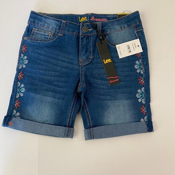 Lee Girl Bermuda Shorts Size 10 Blue Embroidered Super Stretch Adjustable Waist - Picture 1 of 3